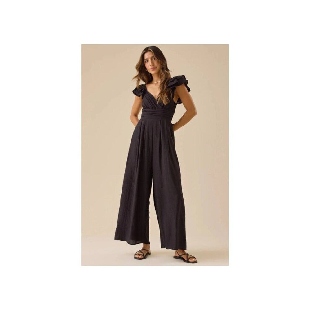 NWT Altar’d State Monroe Black Flutter Sleeve Wide Leg Jumpsuit M